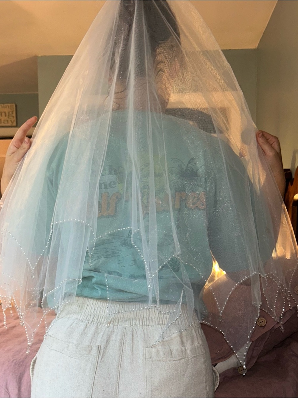 Beaded White Sheer Tulle Wedding veil - Whimsical Bead accents